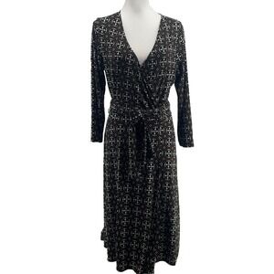 Harold's Midi Dress Women's Large Faux Wrap Brown‎ Geometric Stretch Knit